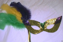 Sequin Gold Feather Mask and Stick Mardi Gras Masquerade Party - £7.75 GBP