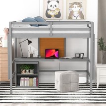Twin Size Loft Bed With Desk And Writing Board - Gray - £319.42 GBP