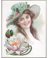 1906 Victorian Print - Lady with Green Hat and Large Water Lily - £9.02 GBP