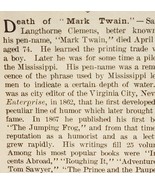 1910 Mark Twain Death Notice Obituary Samuel Clemens Ephemera News Print Ad - $102.88 CAD