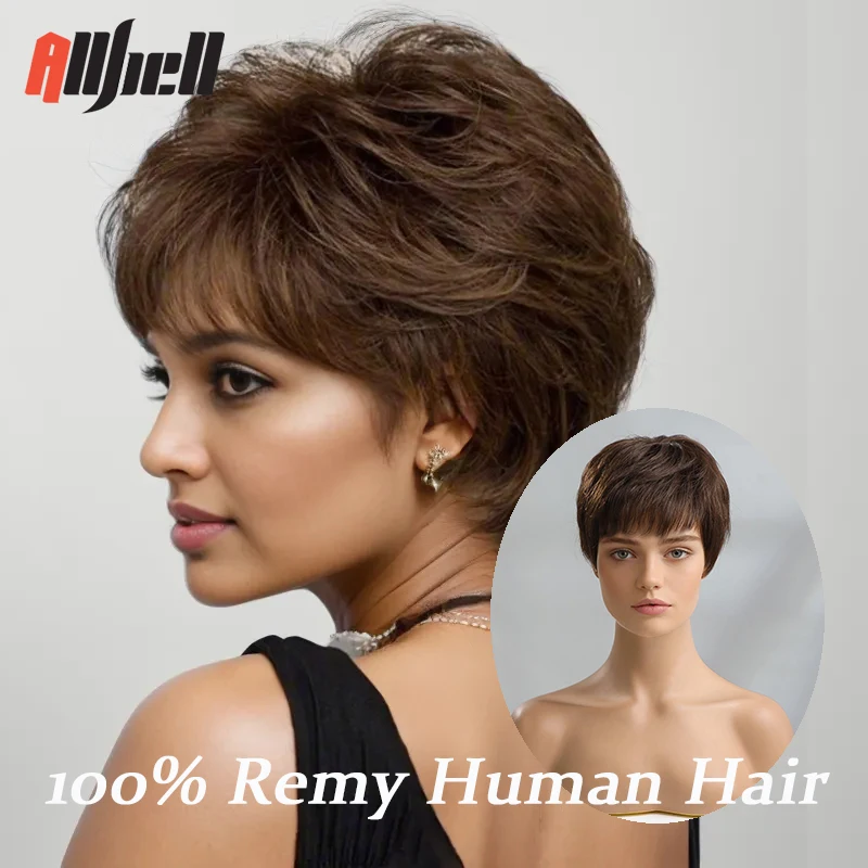Brown Straight Human Hair Wigs for Black Women Afro African Short Pixie ... - $54.41+