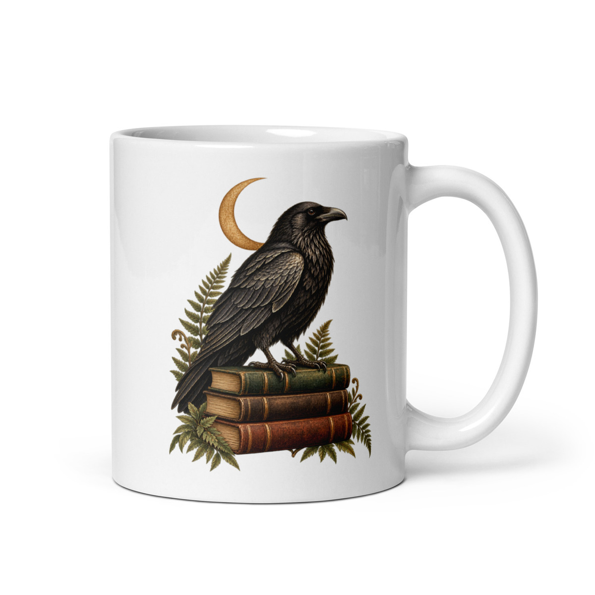 Digital mockup of Raven Books Mug 11 oz - Gothic Book Lover Gift