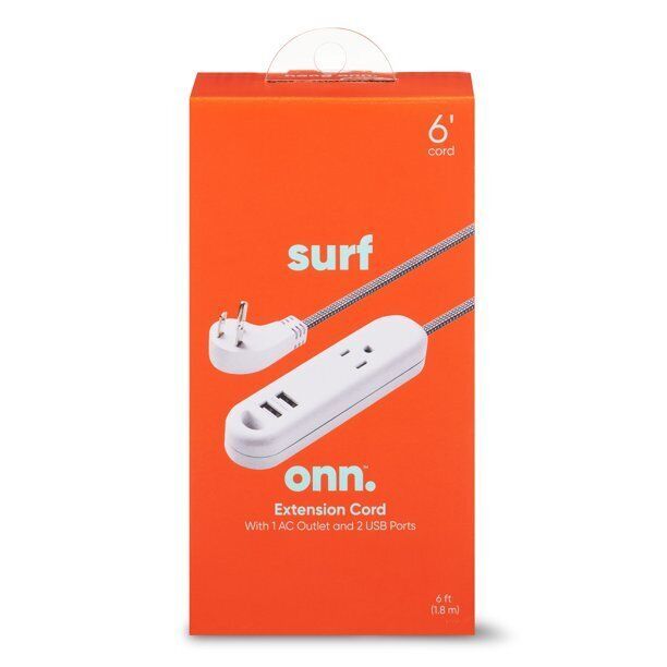 onn. Extension Cord Surge Protector with 1 AC Outlet and 2 USB Ports, 6ft Cord Item image 4