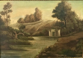 Antique European Oil Painting, Pastoral River Landscape Scene, 58 x 82 cm - £225.49 GBP