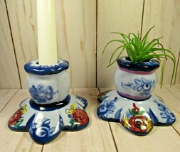 Candlesticks Pottery PORTUGAL Blue Floral Hand Painted Vestal Alcobaca 2 1/4&quot;. - $9.77