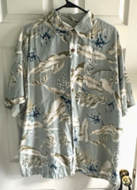 Caribbean Men Size Aqua XL Collar Silk Blend Short Sleeves Shirt Leaf Pattern - £14.63 GBP