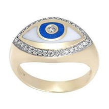 14K Yellow Gold Evil Eye Ring with 33 Diamonds and Enamel Protection Talisman - £1,100.89 GBP