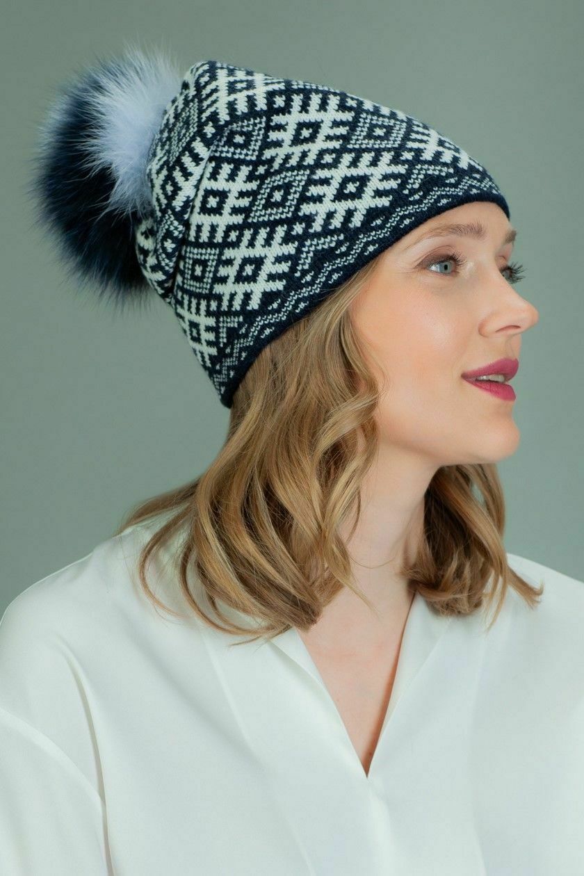Primary image for AVIMA Knit Wool Beanie Hat With Fox Fur Pom-Pom in White Rhombus Pattern