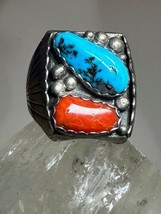 Navajo ring size 10.75 turquoise coral band sterling silver men women - £168.56 GBP