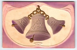A Merry Christmas Postcard Airbrushed Deep Embossed 3 Bells 1909 Vintage - £10.40 GBP