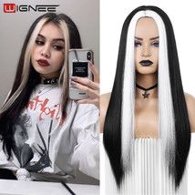 Black White Long Straight Synthetic Wig Ombre Hair For Women Middle Part... - £39.11 GBP