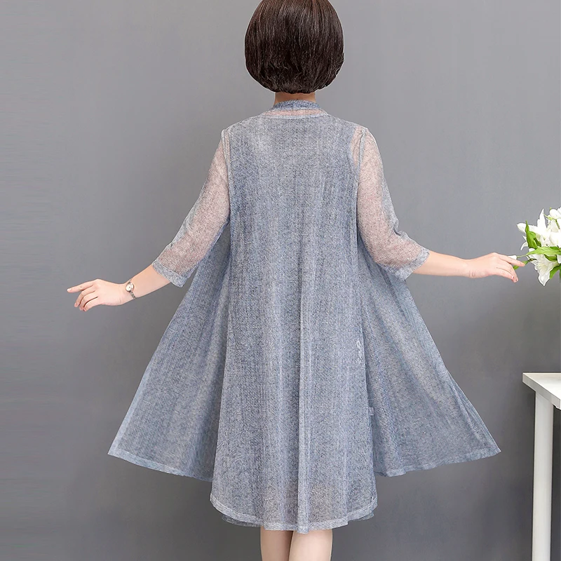 Sporting Summer Cotton Linen 2 Piece Set Dress Cardigan Women Party Midi Dresses - £49.56 GBP