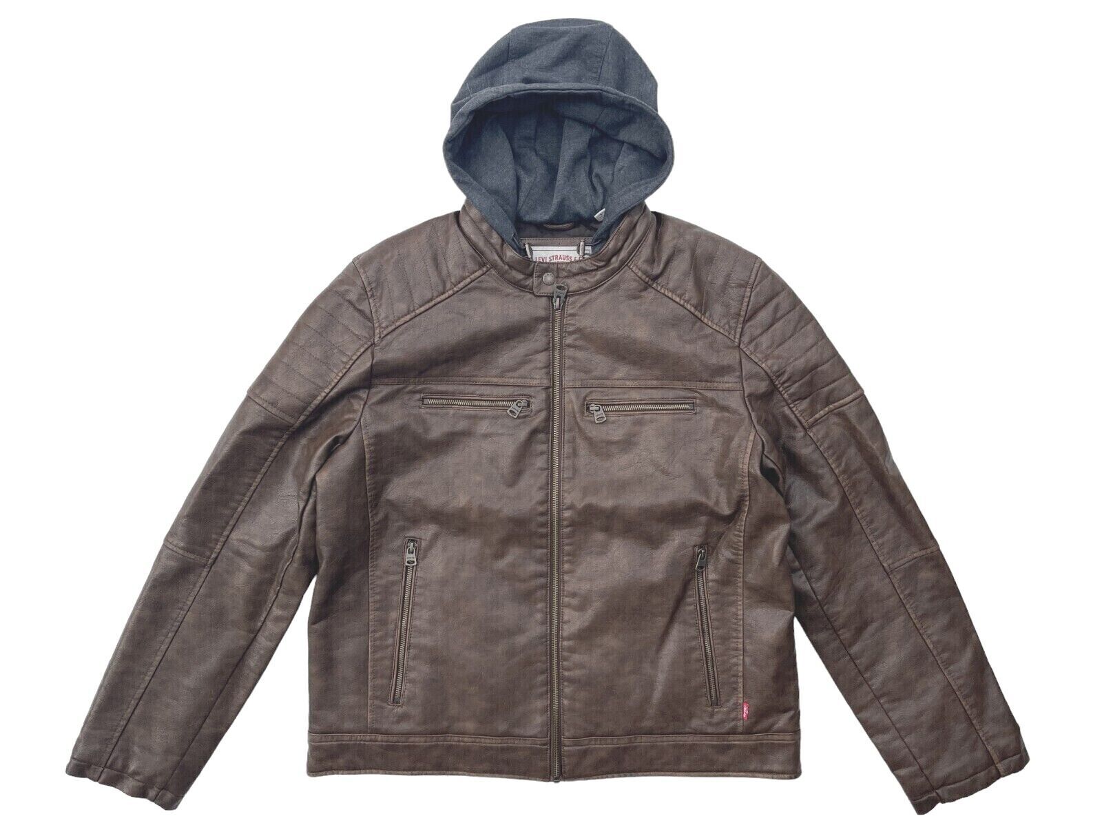 Levis Mens Saddle Brown Faux Leather Quilted Interior Hooded Biker Racer... - $56.95