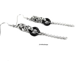 NEW Black Silver Earrings Medieval Chain Link Women&#39;s Stainless Steel ORR What - £23.15 GBP+