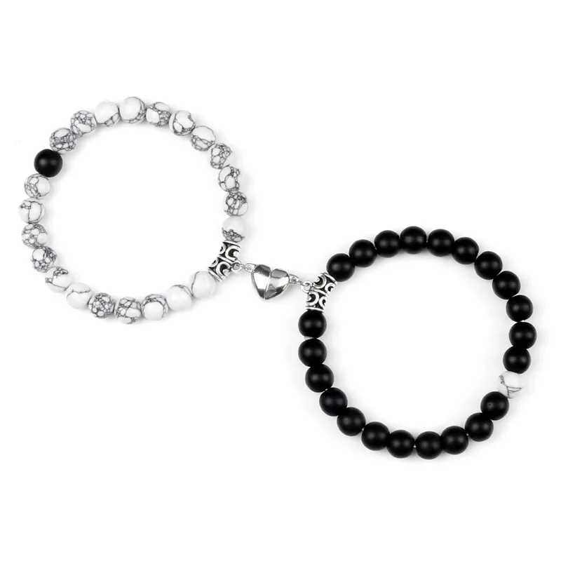 Hot Sale 2Pcs/Set Beads Bracelet For Lovers Natural Stone Distance Heart Magnet  - £16.55 GBP
