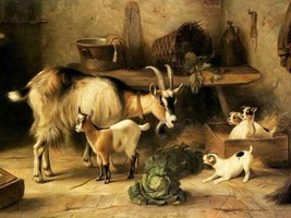 Decor Goats and puppies in the barn Painting Picture Printed Canvas Giclee - £6.86 GBP+
