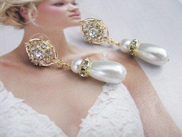 Gold toned, Earring Drops, White  Pearl on Gold Plated earrings, pearls, bridesm - £18.87 GBP