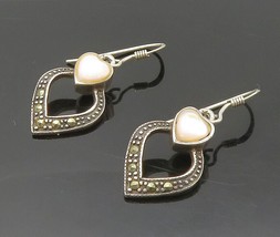 925 Silver - Vintage  Mother Of Pearl &amp; Marcasite Heart Dangle Earrings - EG7890 - £22.13 GBP