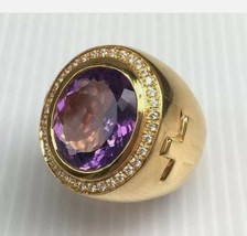 6Ct Oval Synt Amethyst Diamond Statement Mens Bishop Ring Yellow Gold Fns Silver - £192.10 GBP