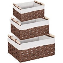 Wicker Storage Basket, Hand-Woven Round Paper Rope Woven Storage Basket With Woo - £39.33 GBP