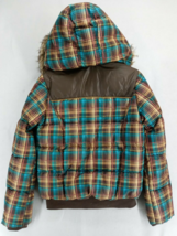 Hydraulic Size Medium Brown Multicolor Plaid Faux Fur Hoodie Women&#39;s Jacket - £11.36 GBP