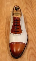 Handmade Two Tone Brown &amp; White Real Leather Capped Toe Brogue Luxury Shoes 2019 - £115.09 GBP