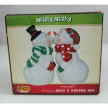 Cracker Barrel Merry Merry Ceramic Ceramic Snowmen Salt &amp; Pepper Shakers - £9.95 GBP