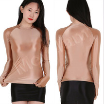 Womens Slim Stretchy Sports Tee Tops Shiny Satin Glossy Long Sleeve Shir... - £10.60 GBP