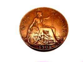 1908 Great Britain One Penny King George V Large Cent England Coin - $6.88