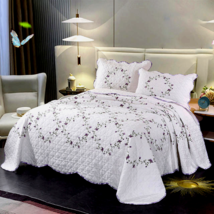 3pc White Purple Floral Bedspread King Size Cotton Quilt Pillowcase Coverlet Set - £173.23 GBP
