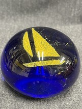 Vintage 2 1/2” Cobalt Blue Art Glass Paperweight with Gold Sand Sailboat - £18.66 GBP