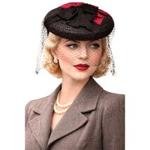 VTG 1940s Fascinator Veiled Hat Black Straw Red Bow WWII Saucer - $59.35