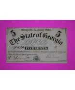 1863 State of Georgia Five 5 Cents Guaranteed Authentic Genuine Paper Mo... - $34.99