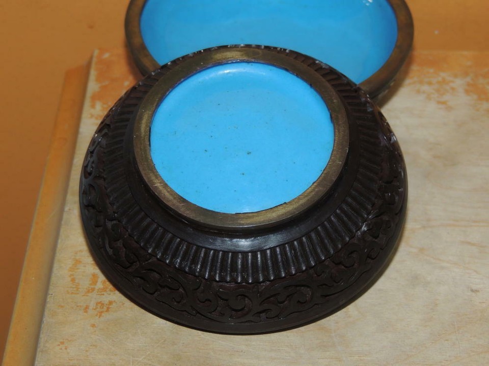 Chinese Cinnabar type 3.5" Round Box Carved Relief peony flowers blue enamel int Item image 11