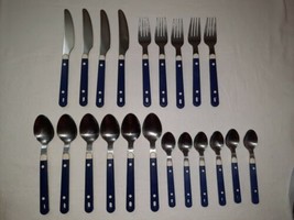 MCM Lot 21 Pc Japan Stainless Blue &amp; White Plastic Handles Knives Spoons... - £27.33 GBP