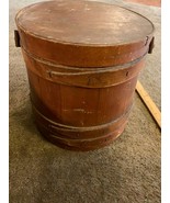 ANTIQUE  FIRKIN SUGAR BUCKET W/SWING HANDLE &amp; LID 10”High BANDS - £85.69 GBP