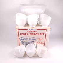 Anchor Hocking Sandwich White Milk Glass Punch Bowl 14 Piece Set Box Anchorglass - £23.34 GBP