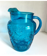 Vintage Anchor Hocking BLUE Spring Song Daisy Pitcher Embossed Flowers w... - $41.09 CAD