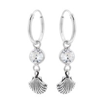 Crystal and Shell Charm 925 Silver Hoop Earrings - $16.82