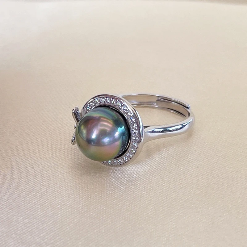 9-10mm Real Tahitian Black Pearl Ring Adjustable 925 Sterling Silver Ring with - £100.11 GBP
