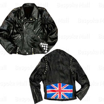 Men&#39;s Aged Biker Gang British 59 Racer Flag Studded Patched Leather JACKET-880 - £200.59 GBP