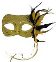 Gold Venetian Style Mardi Gras Masquerade Mask w/ Ribbons, Feathers &amp; Rhinestone - £11.77 GBP