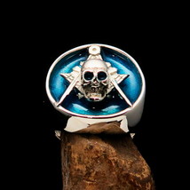 Excellent crafted Men&#39;s Lodge Ring Blue Masonic Skull Seal - Sterling Silver - £64.84 GBP