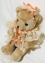 PLUSH BEAR POSEABLE FANCY BEAUTIFUL LACE AND PEARLS BEIGE 11” - £16.49 GBP
