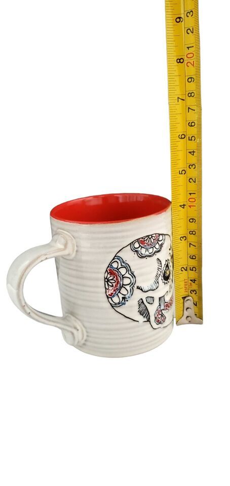 Day Of The Dead  Ceramic Skull Coffee Mug Textured and Red Interior 4" tall Item image 3