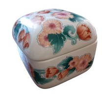 Floral Orange Green Trinket Box with Lid 4x3&quot;x3&quot; Vintage Ceramic Porcelain Japan - £17.30 GBP