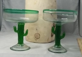 Hand Blown Margarita Glasses Saguaro Cactus Set Of Two 5.75&quot; Tall - £17.26 GBP