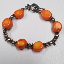 7.5&quot; Orange Sardonyx Nugget, Silver Bead, SS Wire Bracelet w/Toggle Clasp - £15.80 GBP