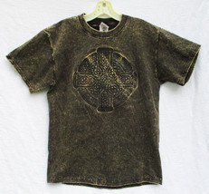 Black Acid Wash Celtic Cross Relief Fruit of the Loom Lofteez Cotton T-Shirt 90s - £19.13 GBP