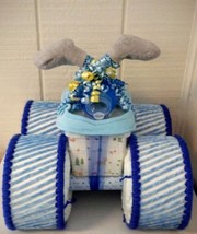 Blue ,Yellow , Grey and Royal Blue Baby Boy Four Wheeler Diaper Cake - £71.68 GBP